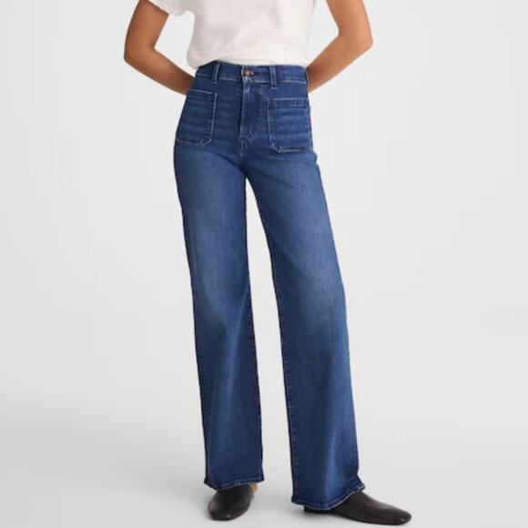 Madewell Denim - Madewell Tall Emmy Wide Leg Jeans Patch Pockets Super Stretch Medium Wash 30T